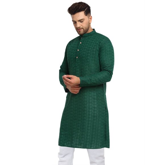 Designer Green Cotton Chikankari Lucknowi Jaal Embroidered Kurta for Men - Picture 2 of 5
